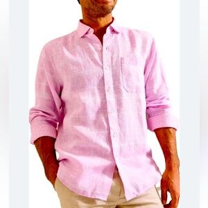 LINEN Blend TOMMY BAHAMA Pink Gingham Men’s Long Sleeve Button Up Size XL EUC